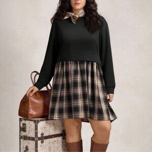 Plus 2 in 1 Sweater Plaid Print Dress 1X 2X 3X 4X